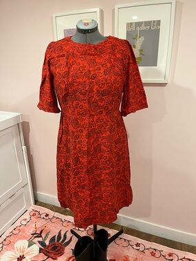 Women's Red Floral Midi Dress with Short Sleeves